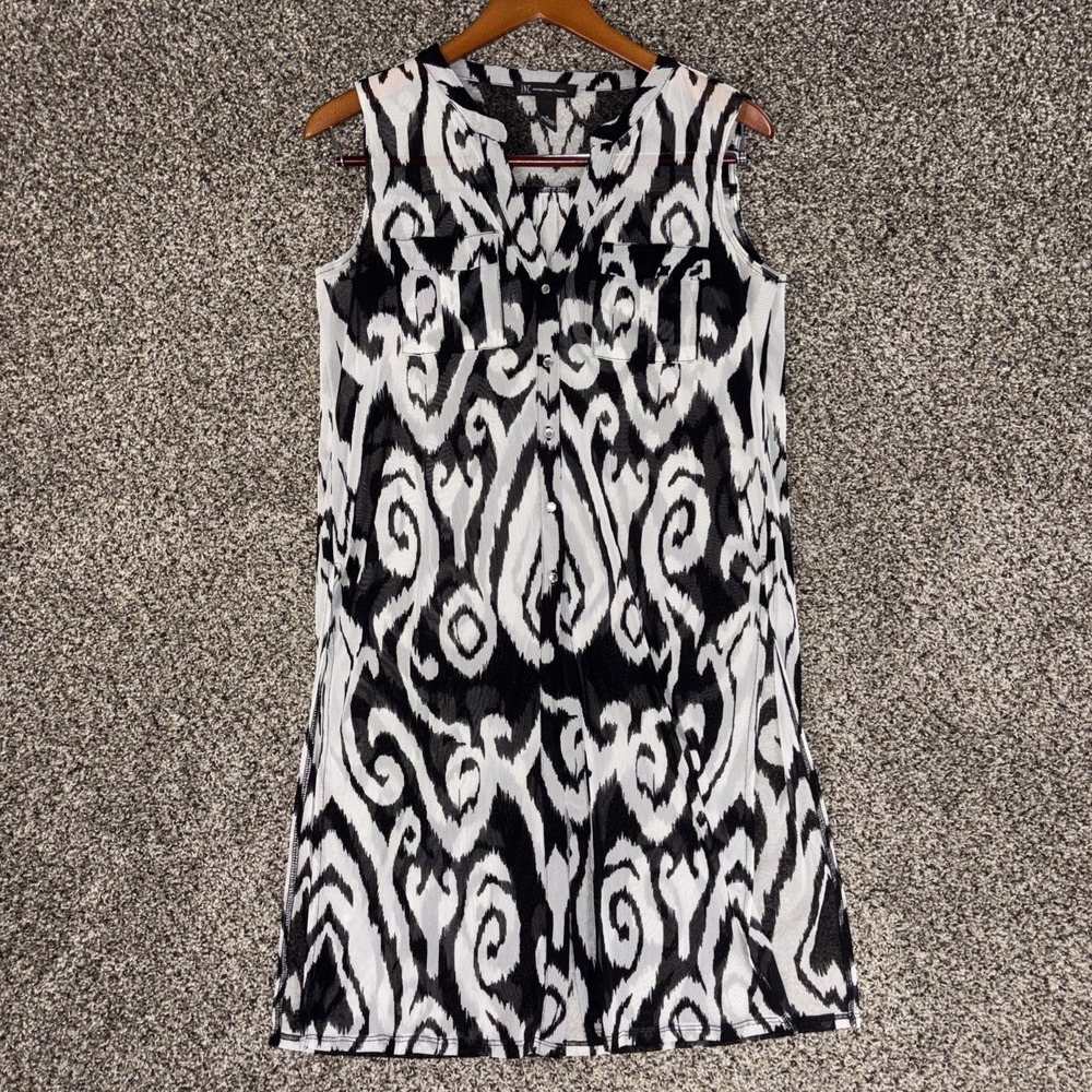 International Concepts Duster Dress Womens S Black White Semi Sheer Cover up EUC